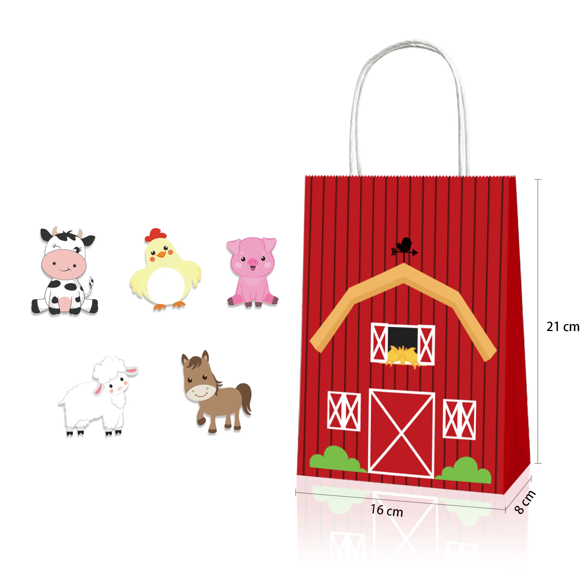 KZ007 12pcs Cartoon Farm Animal House Birthday Baby Shower Party Kraft Paper Tote Packing Gift Bags with DIY Cards Stickers Kit