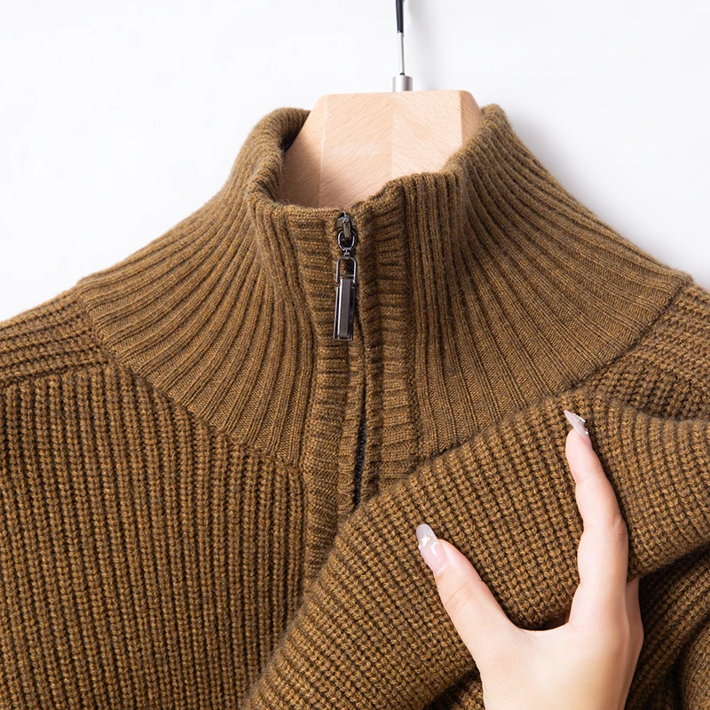 4 Colors Thick Line Jacquard Thickened Knit Cardigan Men's Autumn Winter Stand Collar Solid Color Sweater Coat Casual Trend Top