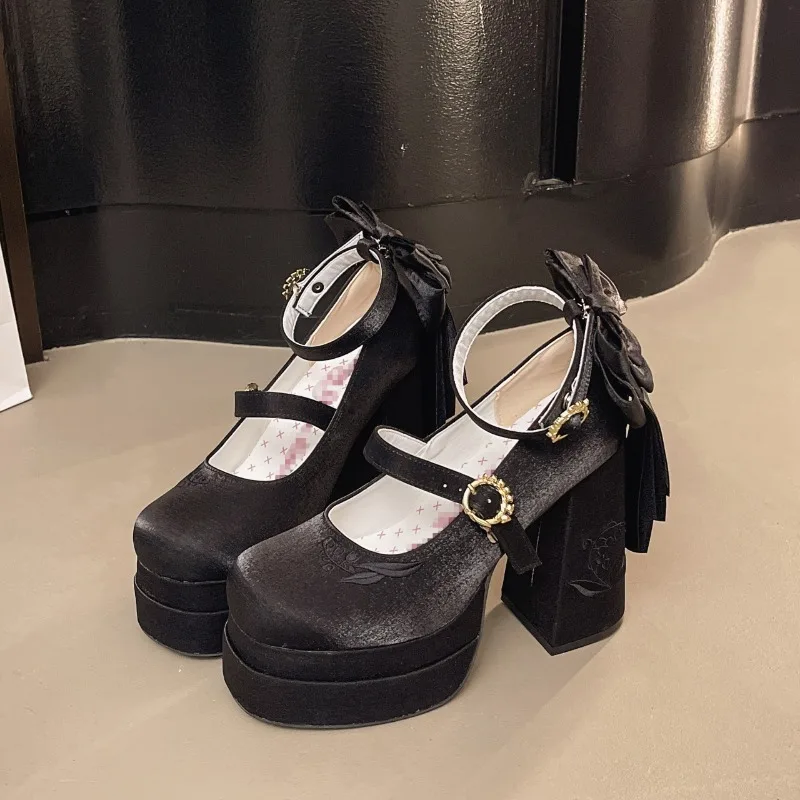 

Женские туфли Мэри Джейн с узлом-бабочкой, высокий каблук, вышитая, водонепроницаемая платформа, пряжка, толстый каблук, одинарный открытый носок