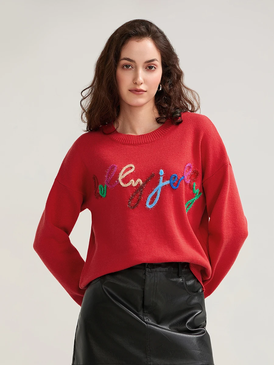 Women s Cozy Oversized Sweater with Sparkly Letter Detailing and Long Sleeves Round Neck Knit Pullover for Fall