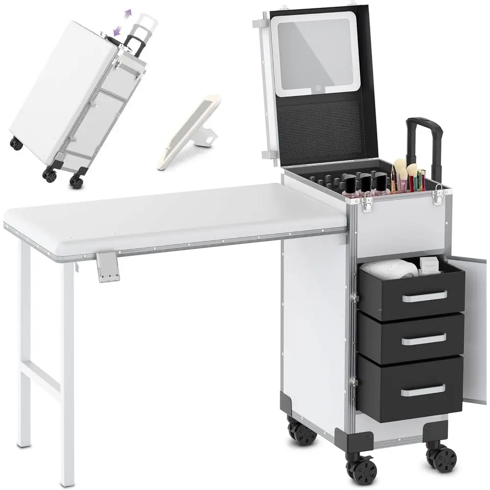 

Portable Manicure Table with 3 Drawers, Adjustable Pull Rod, and Lockable Makeup Case for Nail Technicians and Beauty Profession