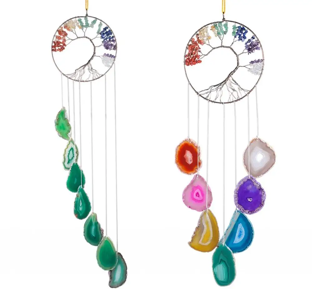 TUMBEELLUWA Life Tree Agate Slice Wind Chime Handmade 7 Chakra Stone Healing Crystal Wind Chime for Home Decoration Ornament