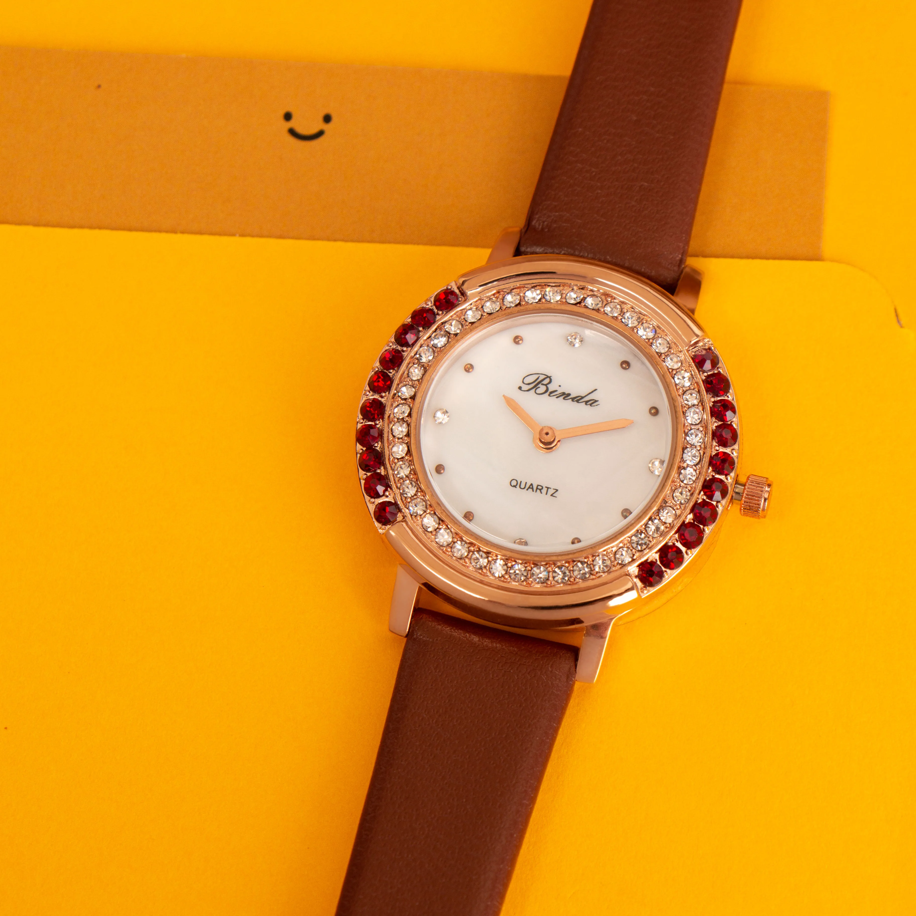 Binda Original Diamond Dial Women's Quartz Watch, Elegant Fashion Design with Leather Strap