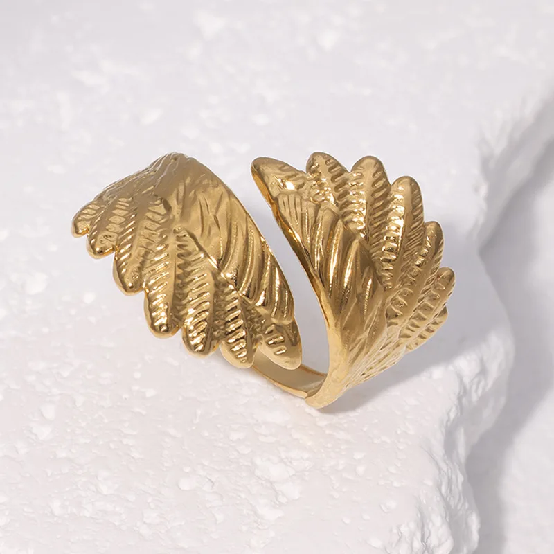 Exquisite Feather Pattern Ring Woman Egyptian Jewelry Stainless Steel Does Not Fade Stackable Opening Leaf Rings Подаро