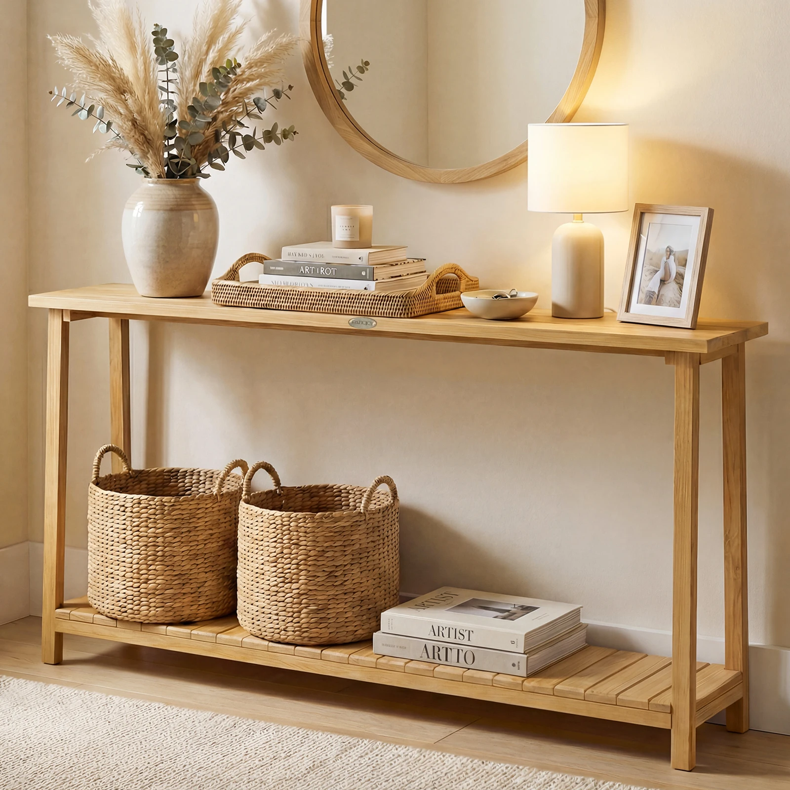 71” Solid Wood Large Console Table, 2-Tier Farmhouse Sofa Table w/ Teak Wood Frame