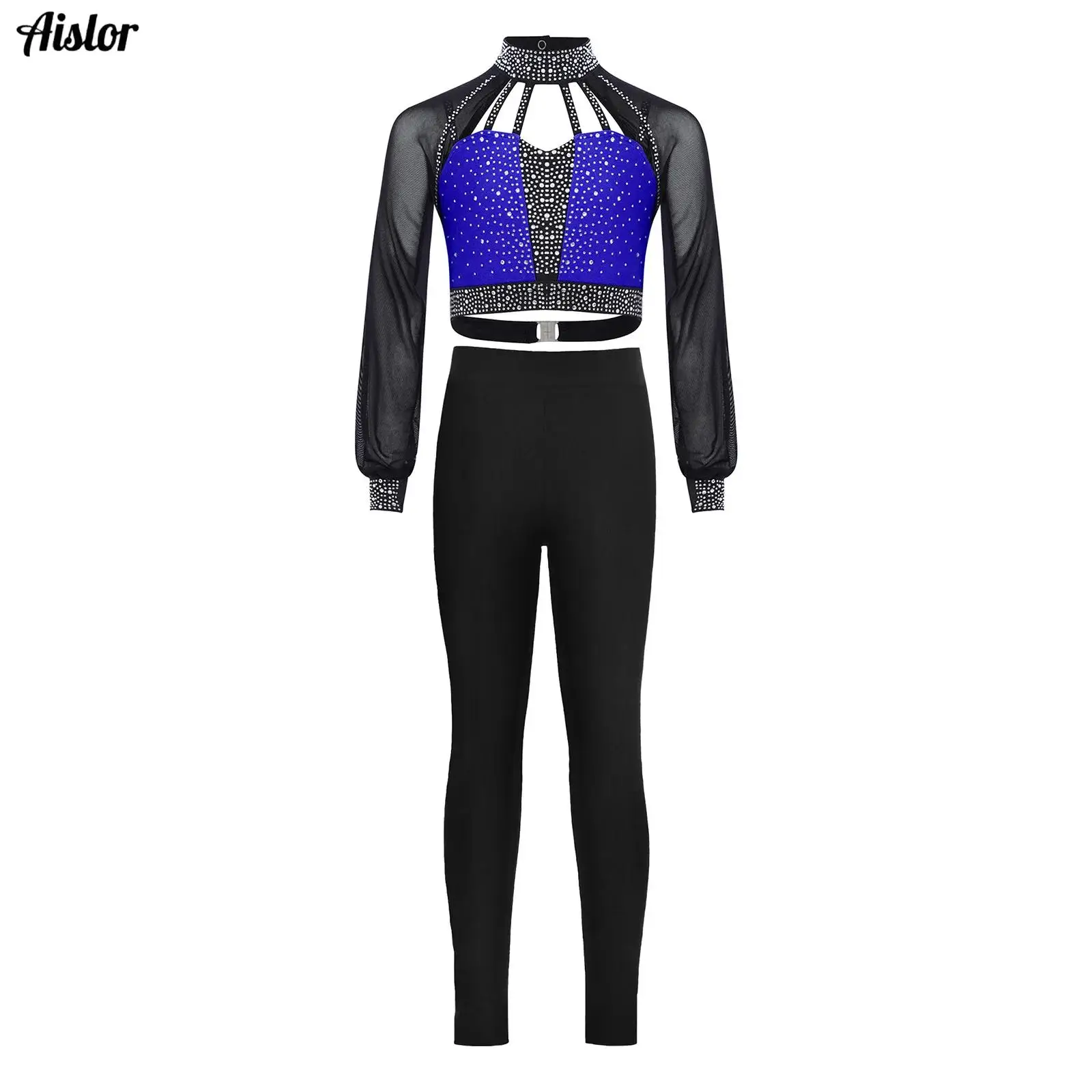 

Kids Girls Gymnastics Figure Skating Dance Performance Costumes Long Sleeves Cutout Strappy Shiny Rhinestones Crop Top+Leggings