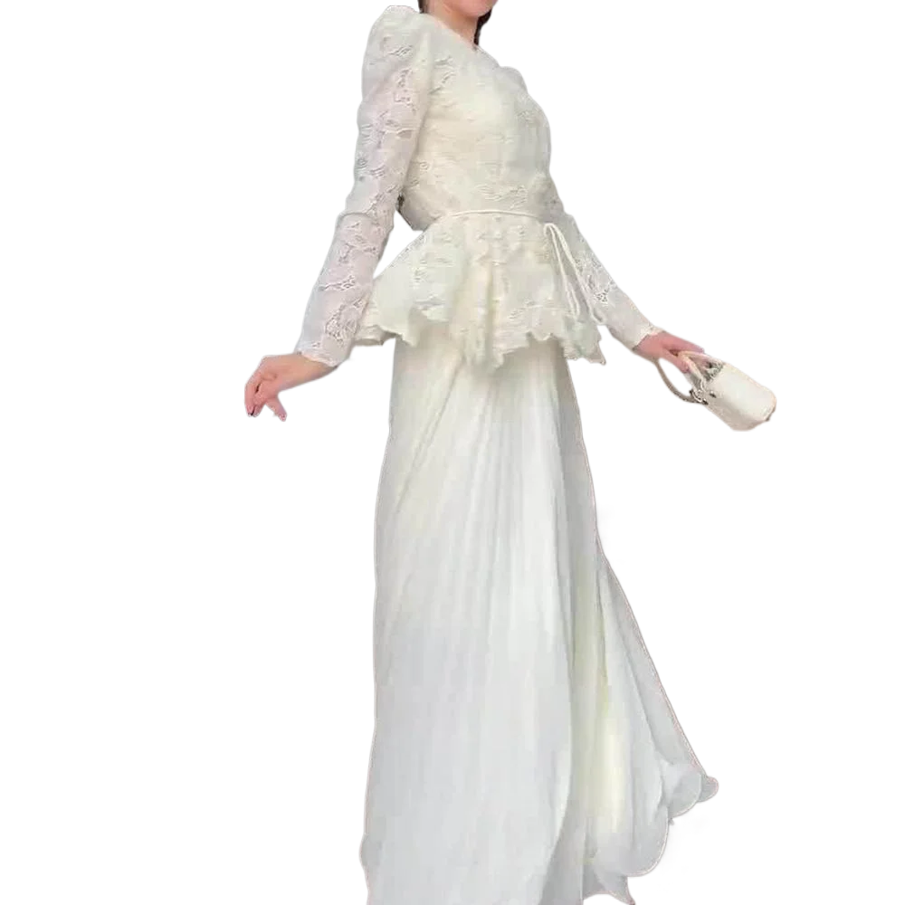 Mode lange mouwen dames feestjurken sexy witte kant borduurwerk slanke avondjurk elegante hoge taille ruches banketjurk - afbeelding 2