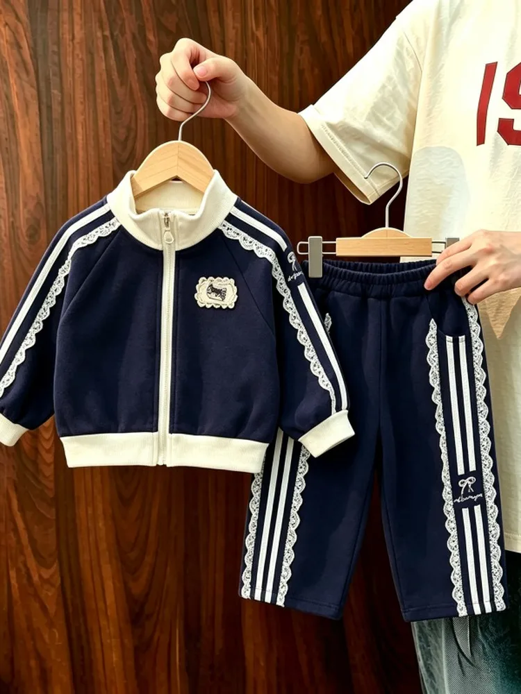 Girls' Autumn Fashion Long Sleeve Lace Trim Paneling Jacket Pants Two-Piece Set Elegant Children's Wear Casual Sportswear Set