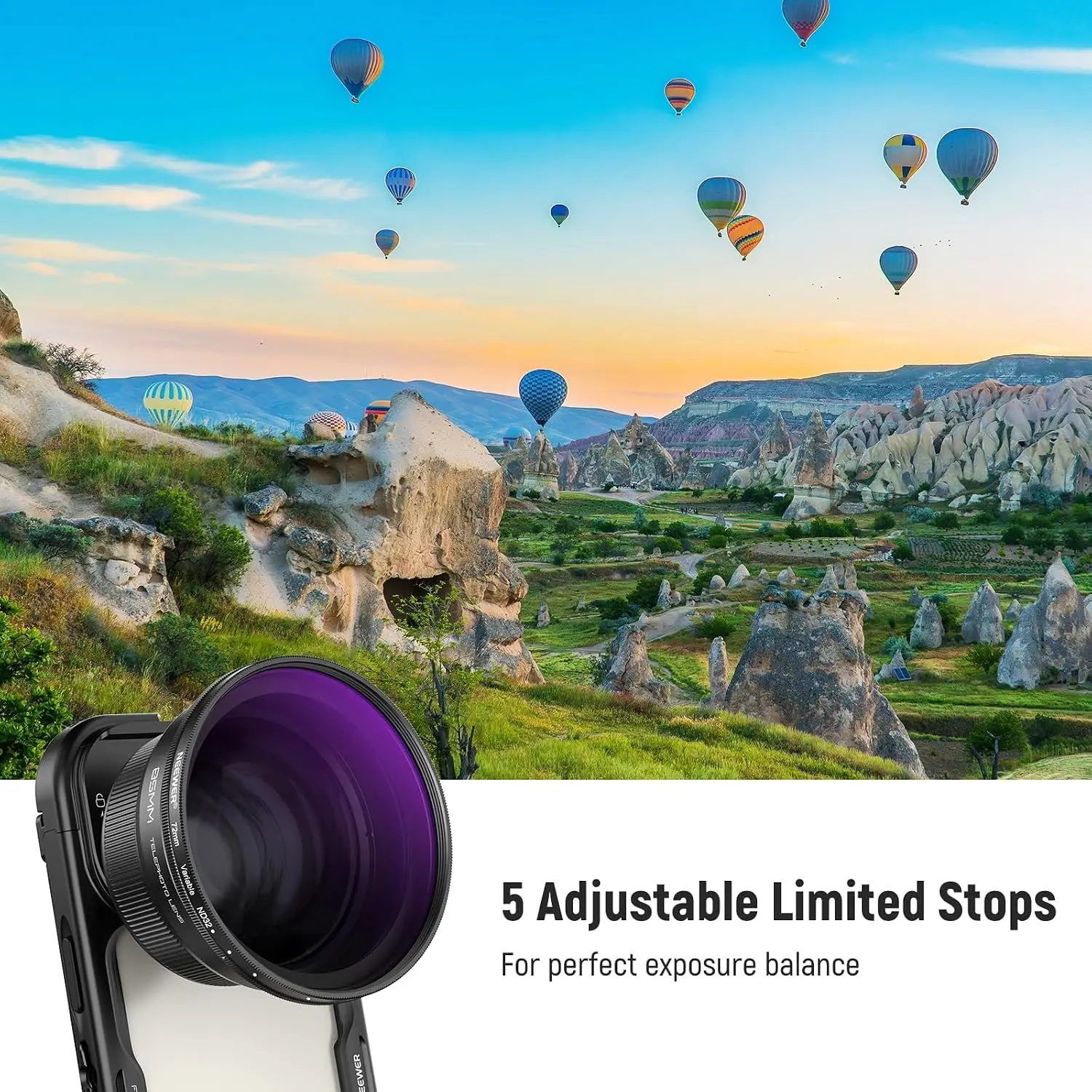 NEEWER 72mm Variabler ND-Filter mit 77mm Gegenlichtblende, ND2-32 Einstellbarer Neutraldichtefilter für iPhone, Android, Samsung – Detail 2