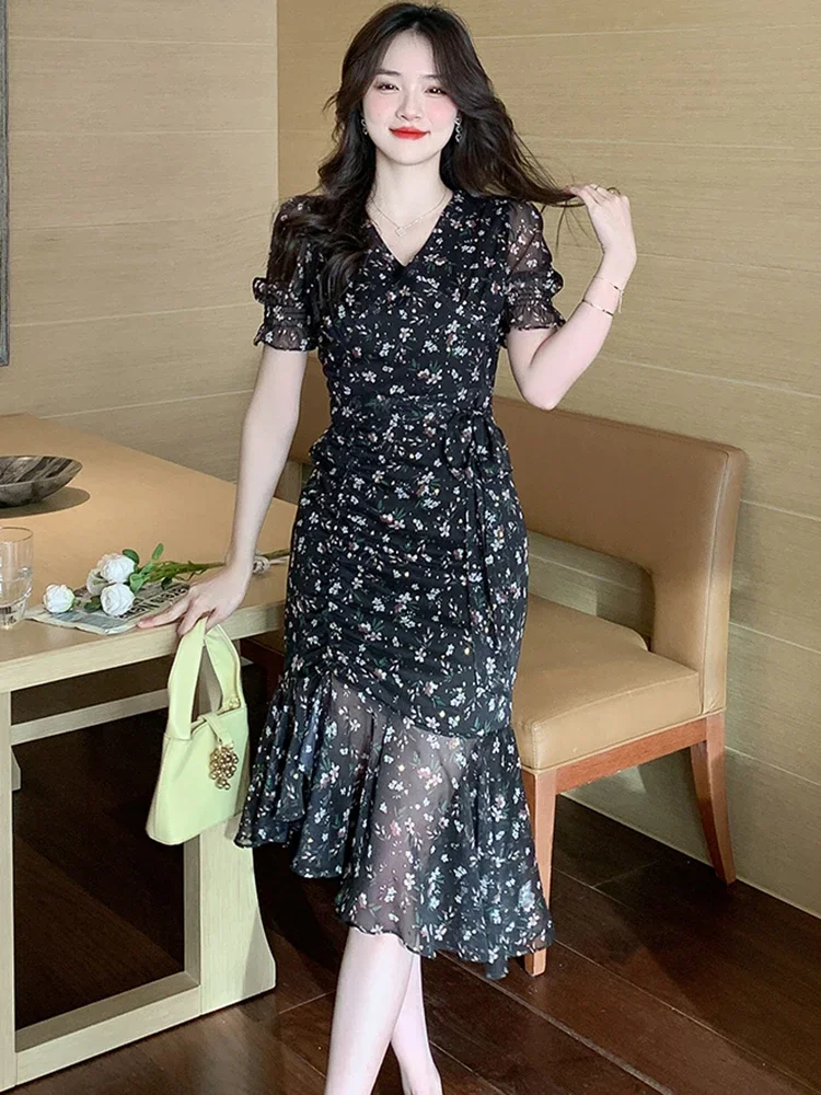 

Женское шифоновое платье с цветочным принтом, розовое Элегантное повседневное длинное пляжное платье в Корейском стиле, летнее облегающее Бандажное платье, 2024