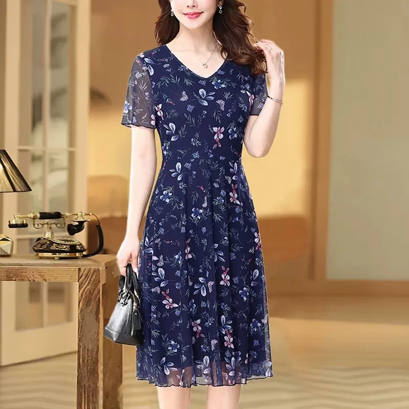 

Summer Elegant Mesh Dress,For Women's Clothes,2024 New, Summer Floral Chiffon Dress, Short Sleeve V-neck Dresses