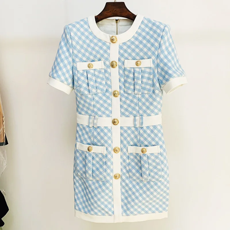 2025 New Women's Dress Star Temperament Lion Button Short Sleeved Color Blocked Skirt Woolen Twill Plaid Dress Spring Summer