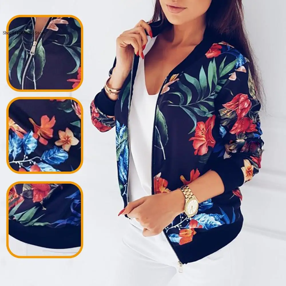 Jaket motif bunga wanita, jaket lengan panjang bercetak ritsleting kasual ramping bersaku untuk wanita musim semi/musim panas