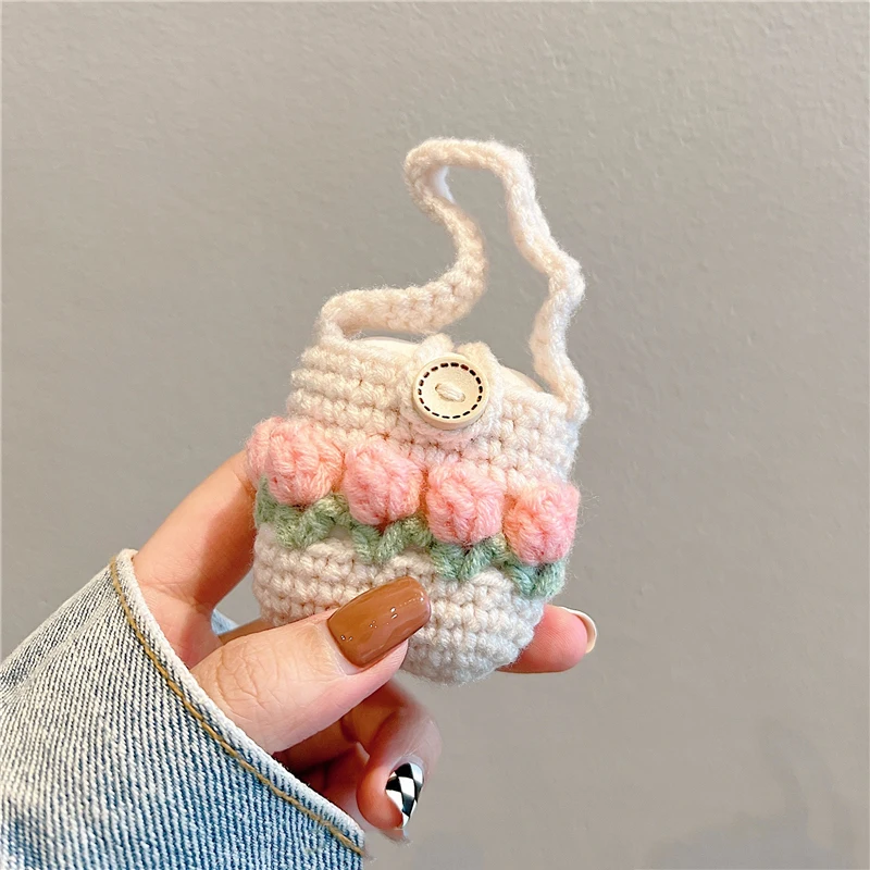 Knitted Tulip Protective Case for Airpods1\2\3\pro Plush Soft Shell Wireless Bluetooth Headset Fashion Jewelry