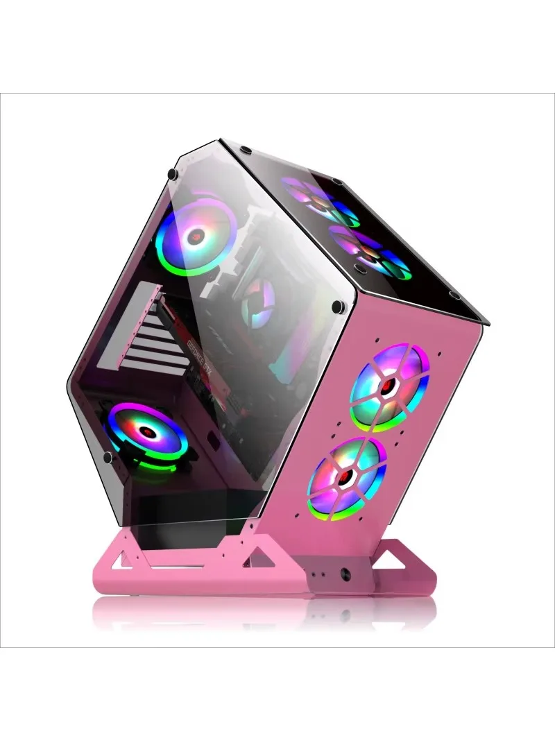 E-sports Gaming PC Case with Water Cooling, Open-Shaped Tempered Glass Panel, Transparent Side, Desktop Design