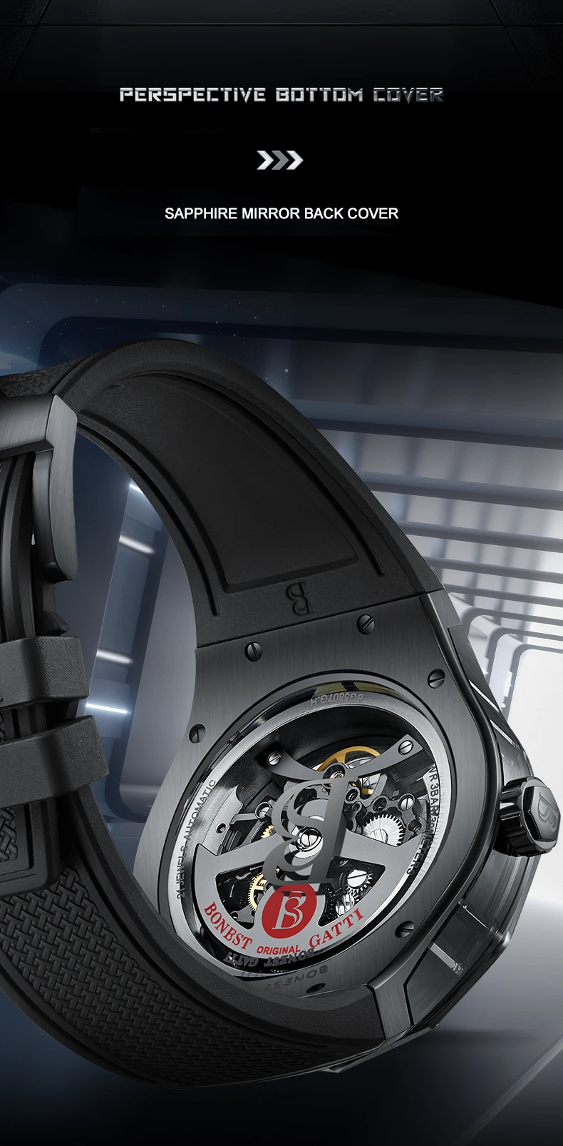 BONEST GATTI Мужские автоматические часы 45 мм Механические наручные часы Акриловый корпус Сапфировый светящийся ремешок из фторкаучука Скелетонизированный циферблат