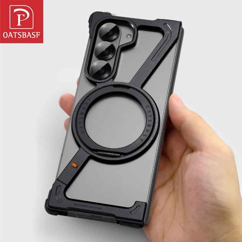 

Oatsbasf Metal Magnetic Phone Case for Samsung Galaxy Z Fold 7 6 5 with Magsafe Ring Stand Frameless Bumper Protective Cover