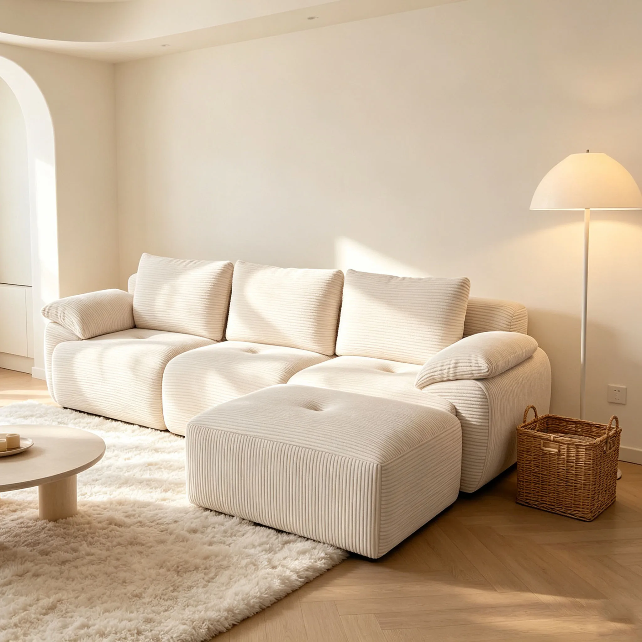 Comanlai, modulares Sofa, beiges Cordsofa in L-Form, freie Kombination, tiefes Sitzkissen, Sofa für Wohnzimmer, Apartment, Heim-Möbel