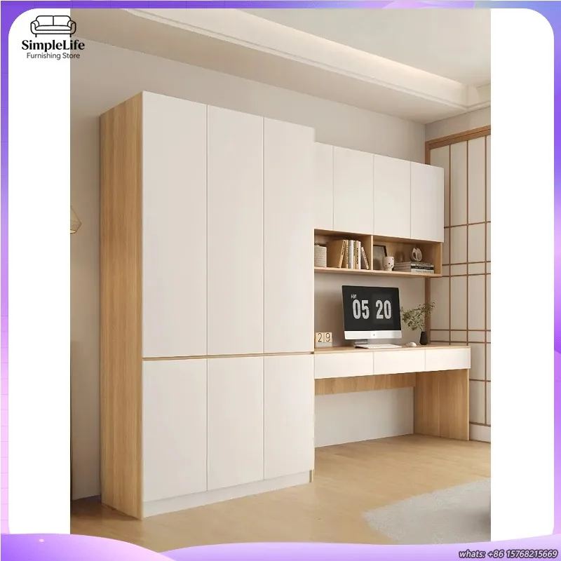 

Solid Wood Wall Mounted Cabinet with Wardrobe Bookshelf and Desk Combo Space Saving Computer Writing Table for Living Room