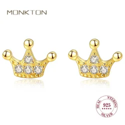 Monkton Real 925 Sterling Silver Gold Crown Earrings for Women Simple Zircon Clip on Earrings for Engagement Jewelry Gift