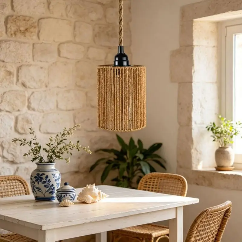 Pendant Light Shade Rattan-Style Look with Metal Frame, 12 x 15 Decorative Cover for Bedroom Hallway Tea Room