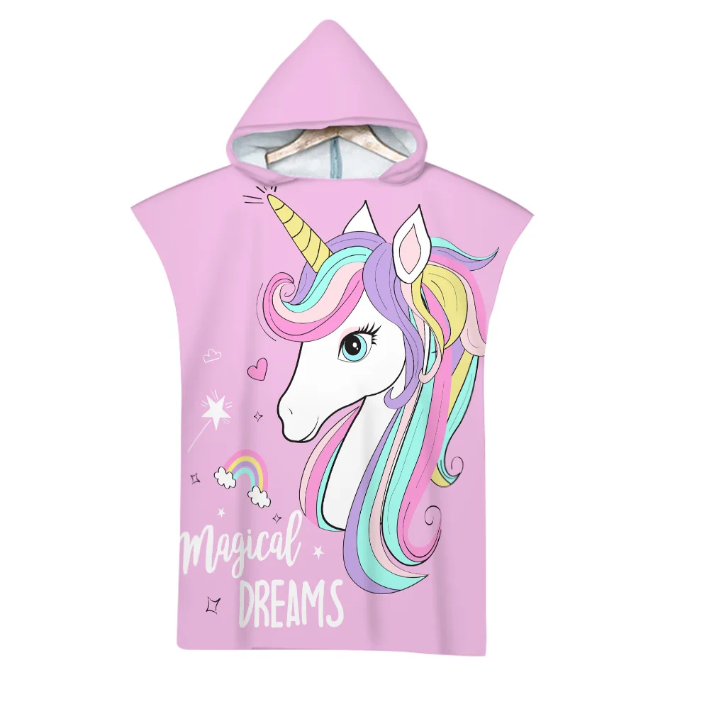 Gilrs Lovely Unicorn 3D Printed Hooded Beach Towel Quick Dry Swimming Surfing Bathrobe Cloak Fitness for Kids Adults