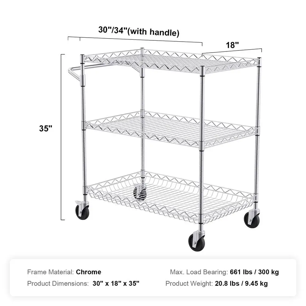 3-Level Rolling Kitchen Cart Mobile Service Trolley Storage Utility Cart with Adjustable Shelves 661LBS Load Capacity Wheels