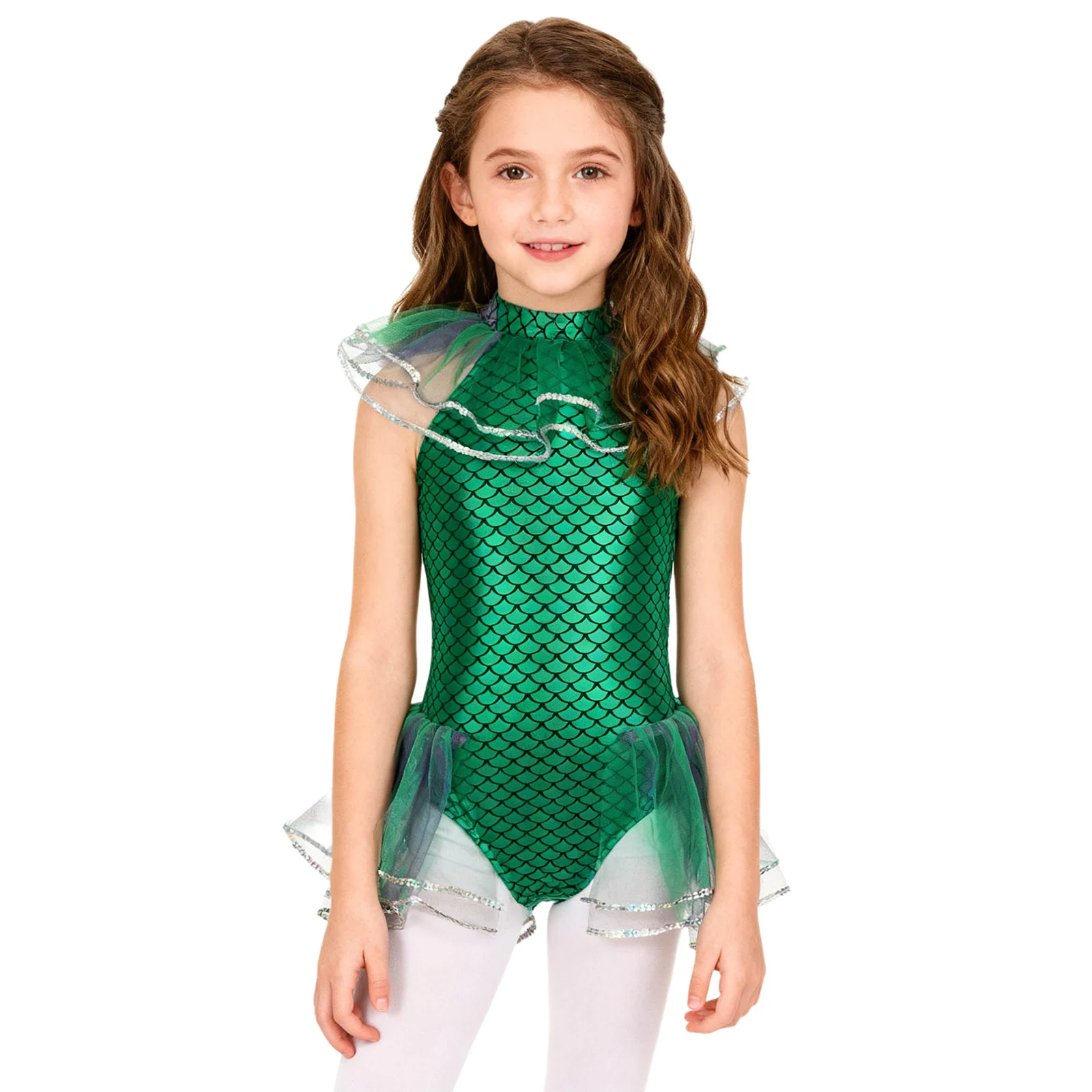 

Halloween Mermaid Cosplay Costume Sleeveless Mermaid Fish Scales Print Mesh Sequins Bodysuit with Arm Sleeves Holiday Costume