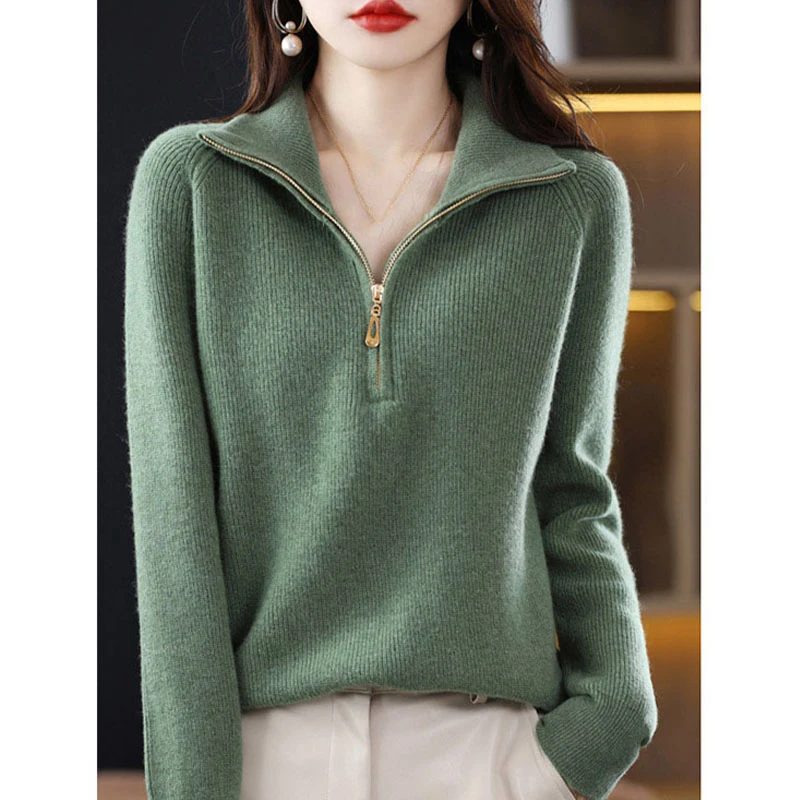 

Женский роскошный вязаный свитер с длинным рукавом и молнией на воротнике, осенне-зимний, свободного кроя, удобный, для повседневной носки, в корейском стиле, для работы и отдыха