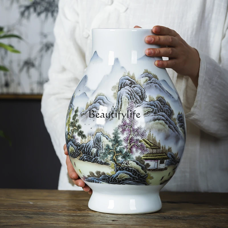 Ceramic Pastel Landscape Painting Large Mouth Vase Insert Lucky Bamboo Decoration Chinese Style