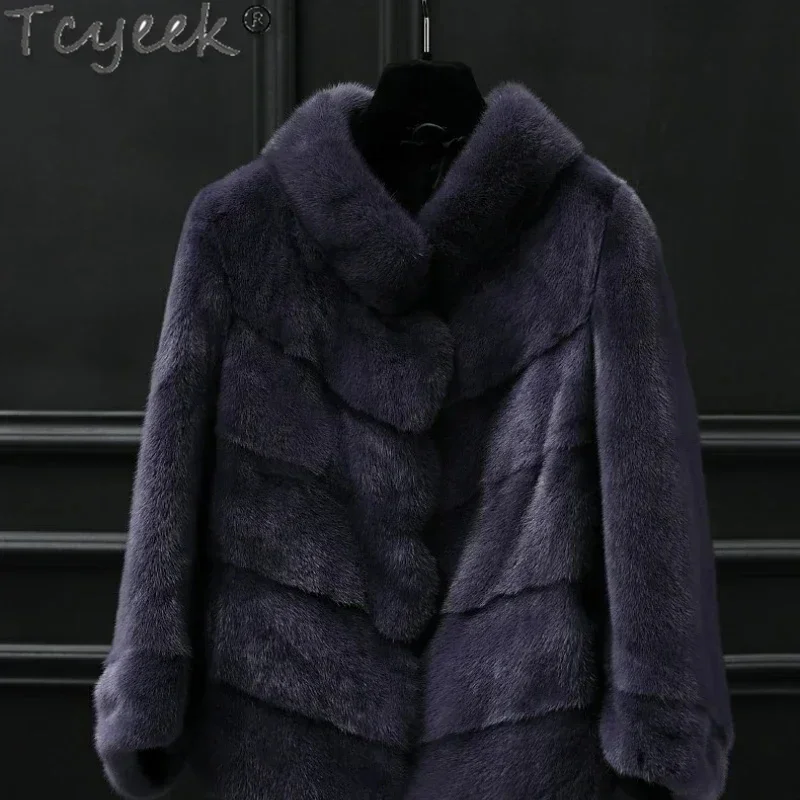 Tcyeek-abrigo de visón Real de gama alta para mujer, chaquetas naturales, ropa de invierno, chaqueta de piel negra, cuello alto