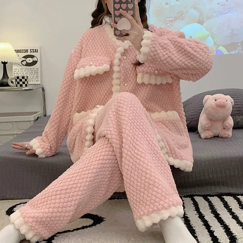 2024 New Pajamas Female Coral Velvet Thickened Sleepwear Autumn Winter Flannel Sweet Student Homewear Fleece Warm Loungewear Set