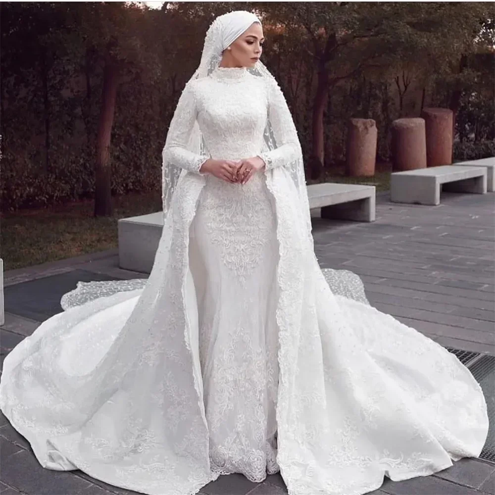 Customized Luxurious Muslim Mermaid Wedding Dress High Neck Long Sleeve Lace Bridal Dress and Detachable Train Robe Vest