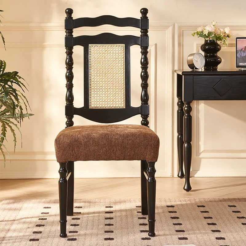 

French light luxury soft bag dining chair home simple restaurant solid wood back chair hotel restaurant retro rattan chair