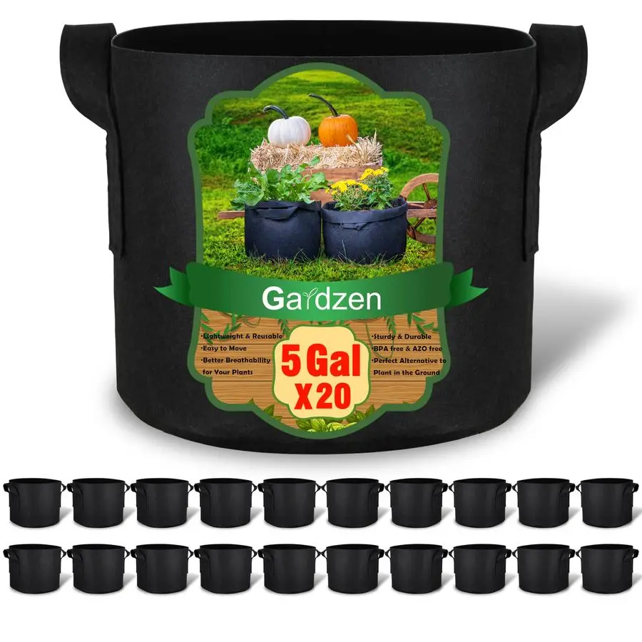 

20Pack 5 Gallon Grow Bags, Aeration Fabric Pots with Handles, Heavy Duty Plant Bags for Plants