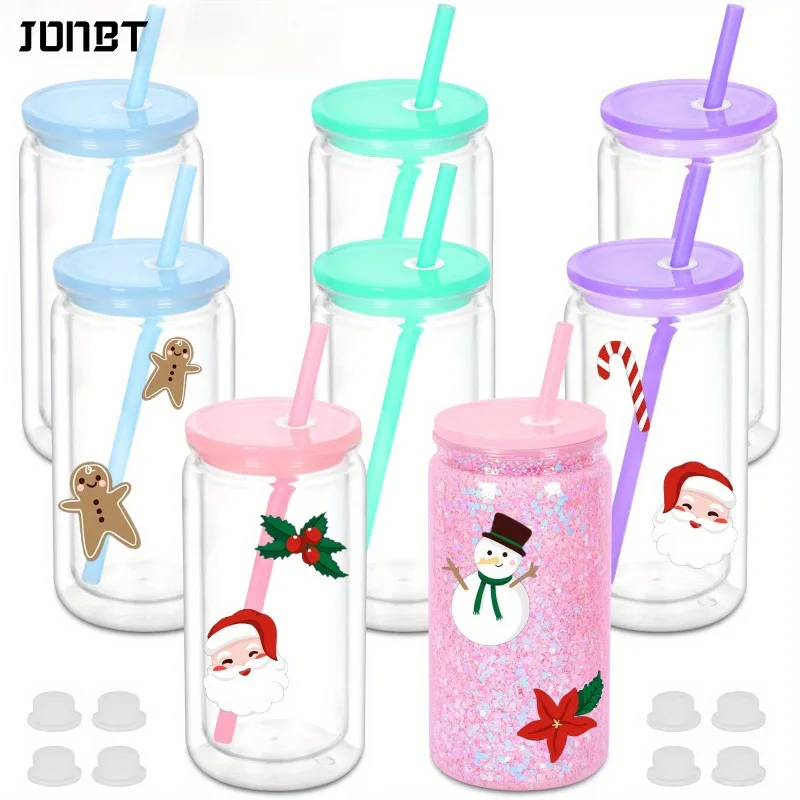 8PCS Double Wall Snowglobe Plastic Cups with Pre-Drilled Hole 16oz Mason Jar Straw Cups Durable Plastic Coffee Juice Drinkware