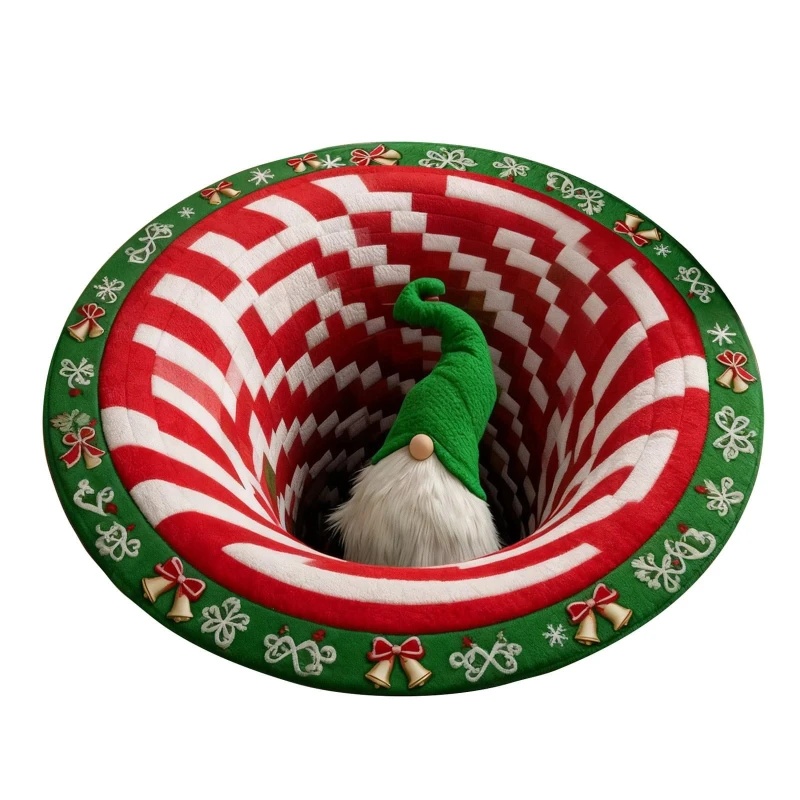 Round Holiday Rug 2D Christmas Village Cabins Printed Circular Carpet Snowy Swirling Vortex for Sofa Floor Xmas Decor