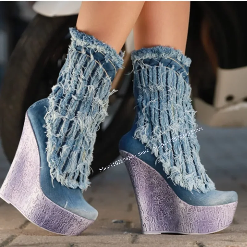 Denim Wedge Platform Boots Mid Calf Round Toe Fashionable Sexy Novel 2023 Summer Casual Big Size Woman Shoes Zapatillas Mujer