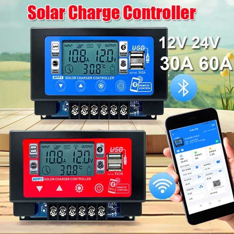 12V 24V 30A 60A Bluetooth Wifi Solar Charge Controller Embedded Snap-on Dual USB LCD Auto Cell MPPT Panel Charger Regulator