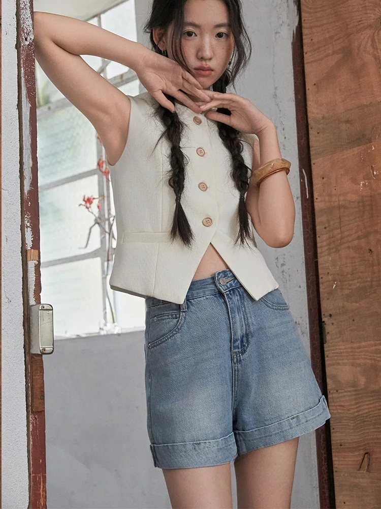 

Повседневные джинсы с отворотами для ранней осени, брюки с высокой талией, облегающие, из хлопка, на пуговицах, женские модные повседневные джинсы