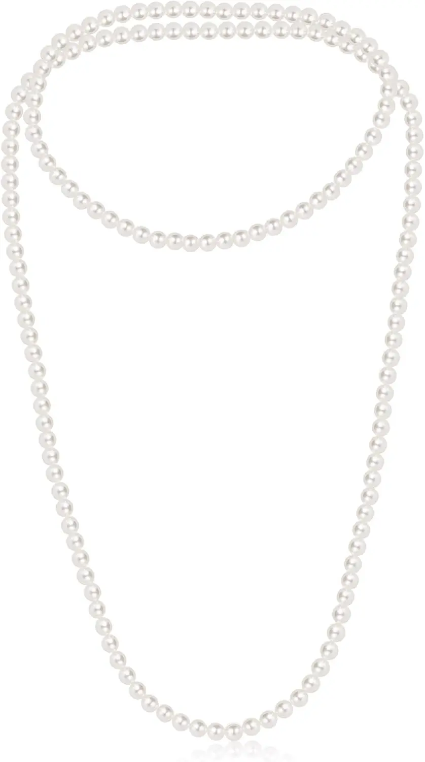 

8mm Fake Pearl Necklace, Long Layered Choker for Women, Elegant White Pearl Strand for Wedding, Halloween, Costume Party