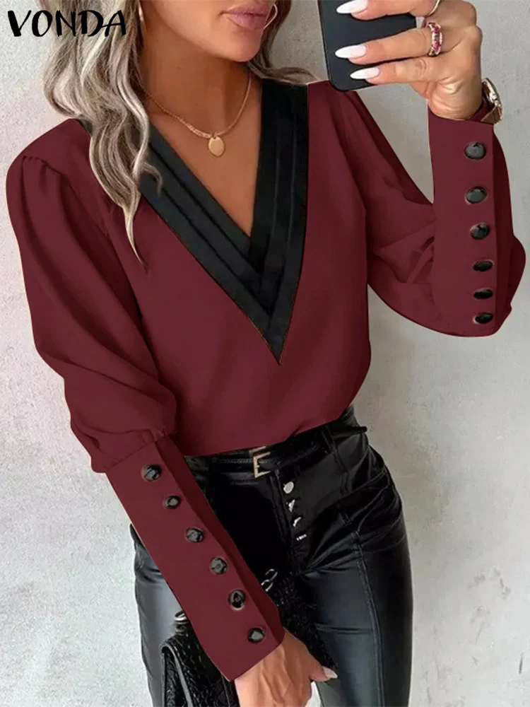 Puls Size 2024 VONDA Women Autumn Long Lantern Sleeve Tops Fashion Casual Blusas Solid Elegant Style V-neck Well Fitting Blouses