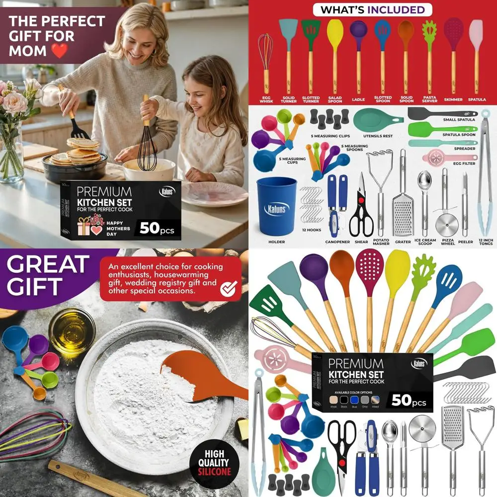 

50-Piece Heat-Resistant Silicone Kitchen Tools Set with Wooden Handles - Includes Turner, Spatula, Masher, Can Opener