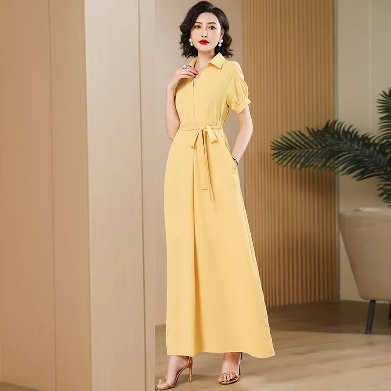 Summer short-sleeved lapel temperament yellow loose version dress large skirt DZ1875