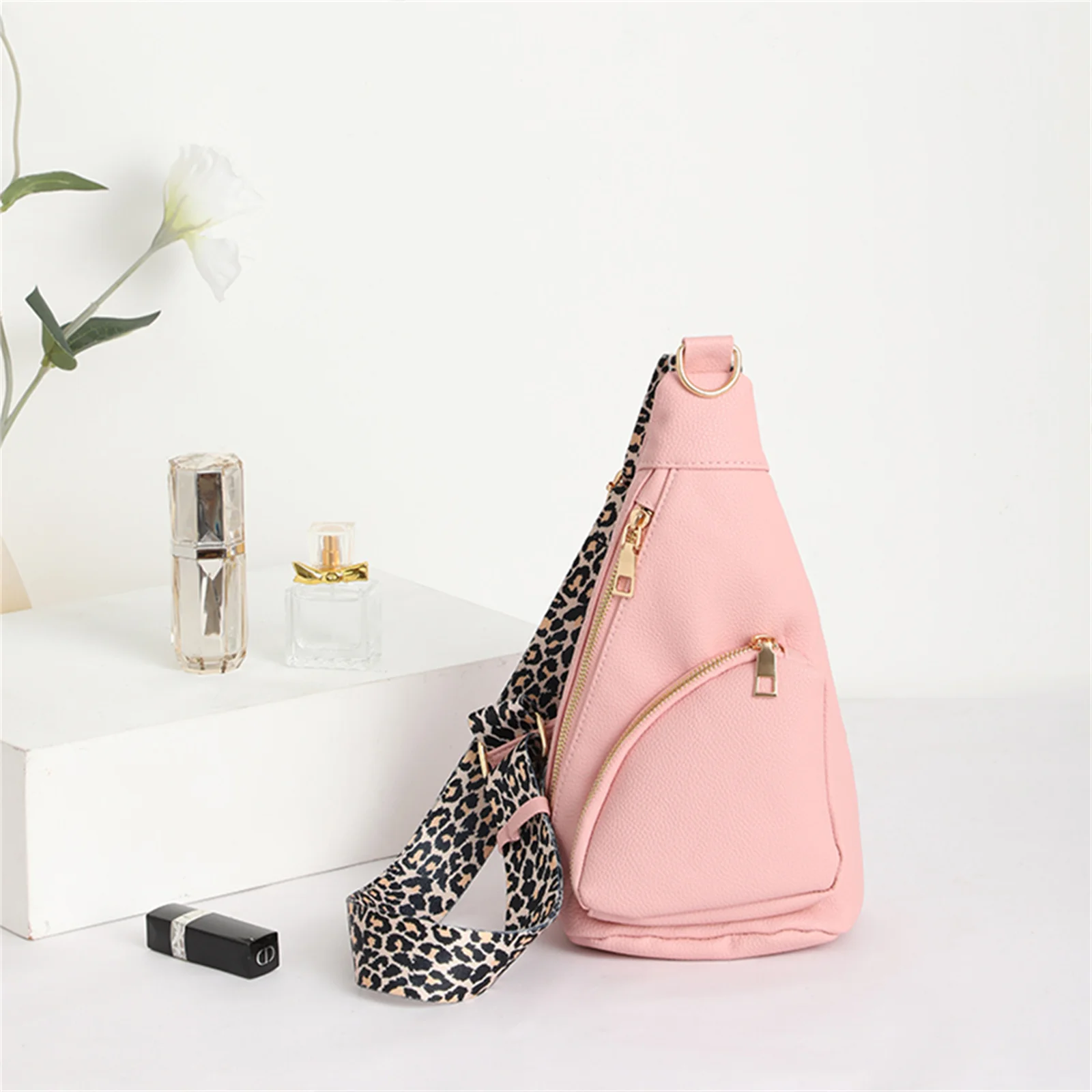 Sling Bags Crossbody For Women With Leopard Adjustable Strap PU Leather Chest Bag For Travel Hiking