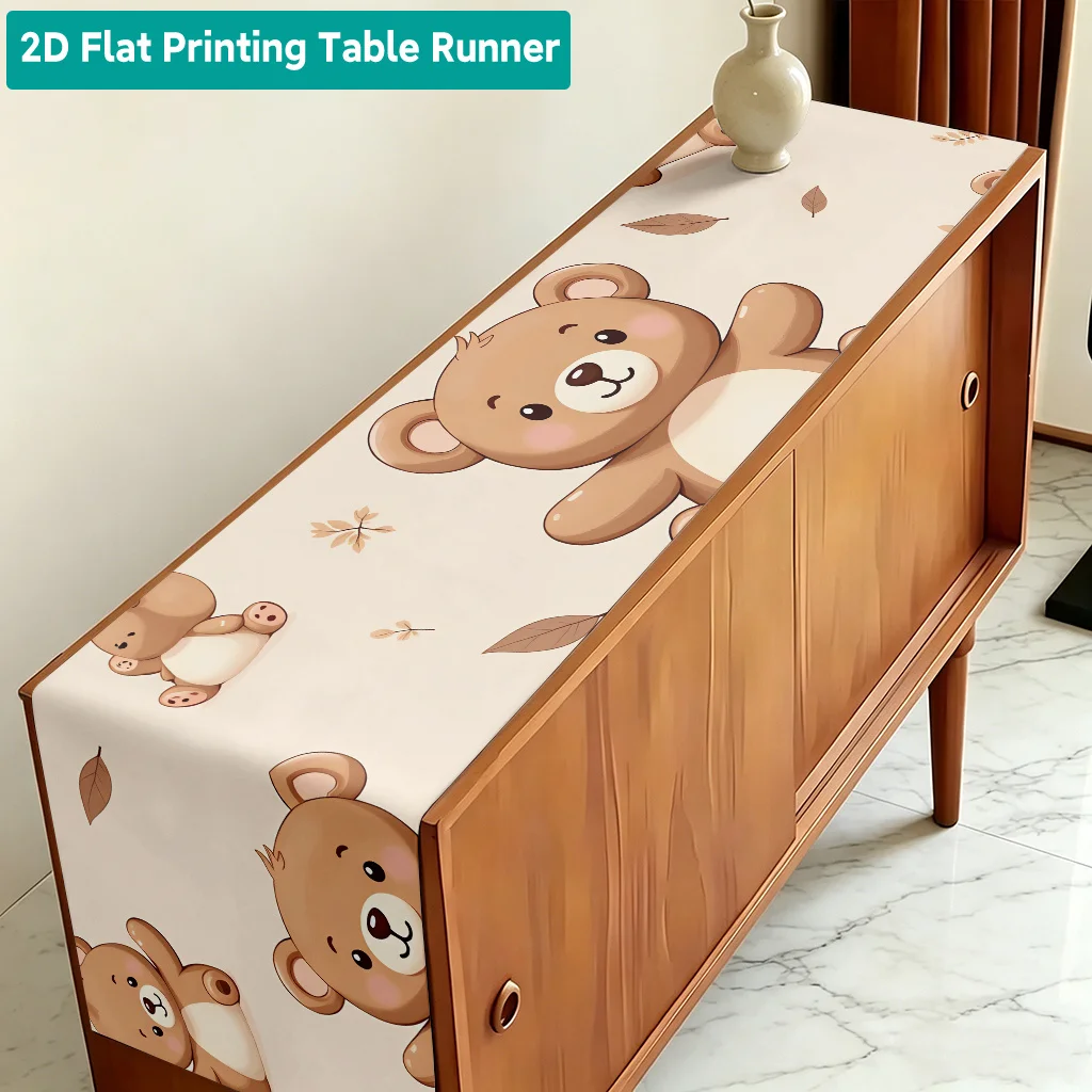 2D Flat Brown Teddy Bear & Foliage Table Runner Holiday Party Decor Kitchen Dining Table Flag for Birthday Themed Gathering Home