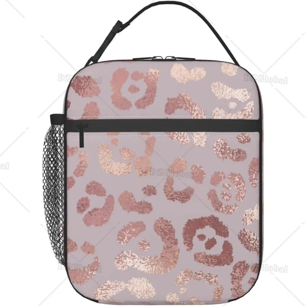 Rose Gold Leopard Lunch Box Reusable Insulated Lunch Bag Thermal Cooler Tote for Boys Girls Women School Picnic Travel Hiking