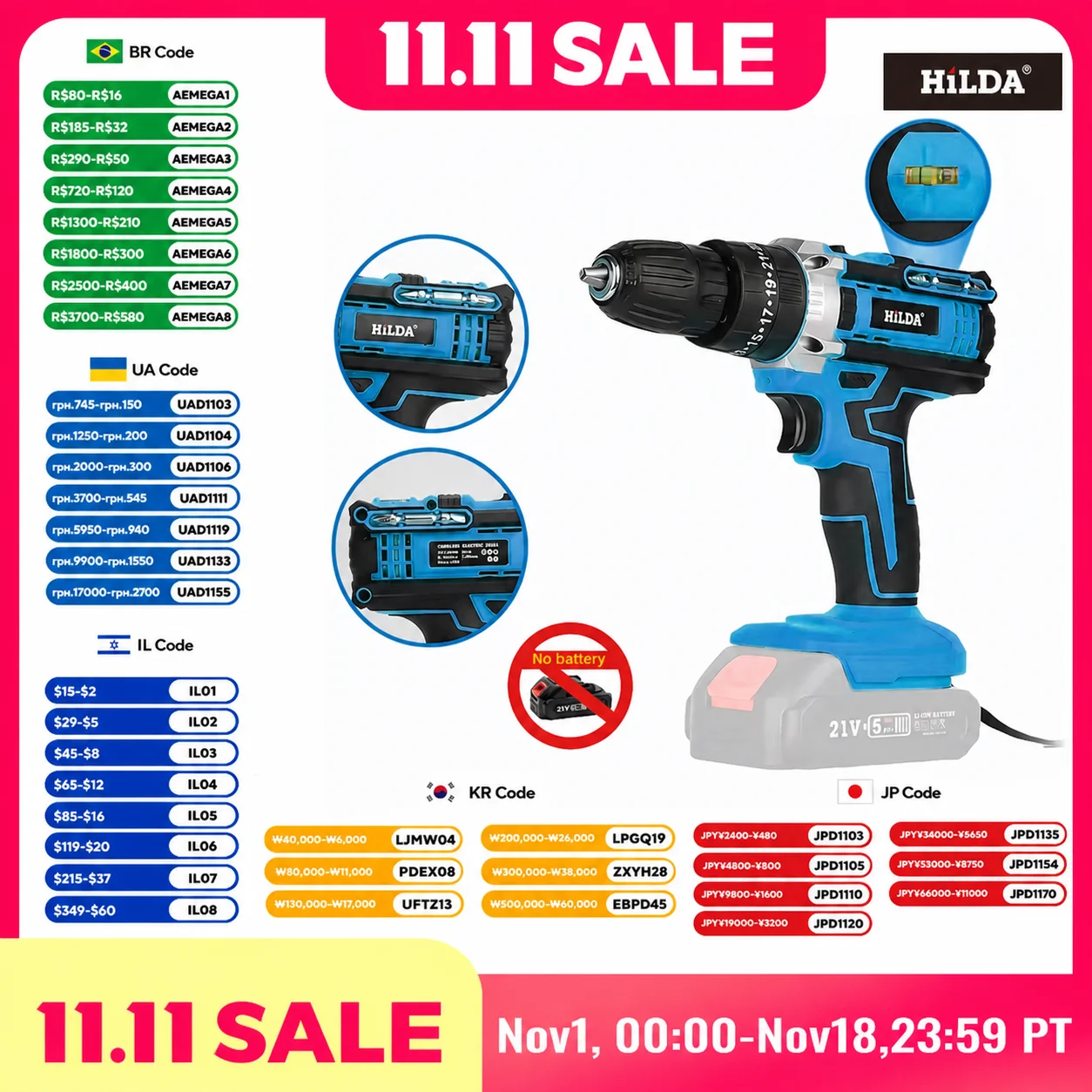 HILDA Electric Drill 21V Power Tool Cordless Electric Rotating Drill Head Offer 25+3 Torque Adjustment Modes for Makita Battery