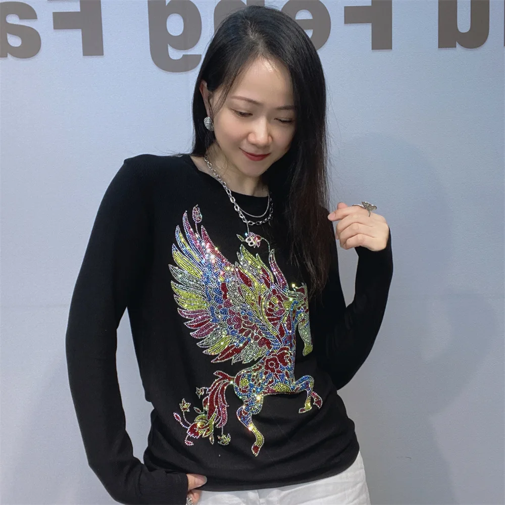 2026 New Spring Autumn Long Sleeve Women T-shirt Round Neck Pullover Top Shiny Hot Diamonds All-match High Stretch Basic Tees