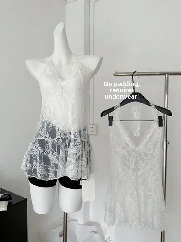 

White V-neck Lace Crop Top Women's Summer Thin Mesh Dress Layering Clothing Sexy Style Sleeveless Short Length Color